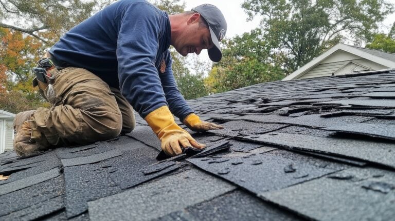 A construction worker in a blue shirt and brown pants demonstrates how to replace missing shingles as he kneels on a shingled roof. Equipped with gloves and tools in his belt, he skillfully repairs the roof while trees and a house provide a green backdrop.