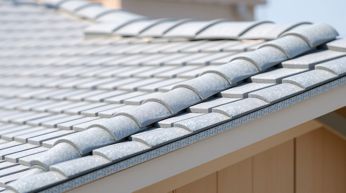 Close-up of a rooftop featuring gray, overlapping ceramic tiles, akin to certain types of roof shingles. These curved tiles form neat, parallel rows with a slightly textured surface, set against a clear, soft blue sky.