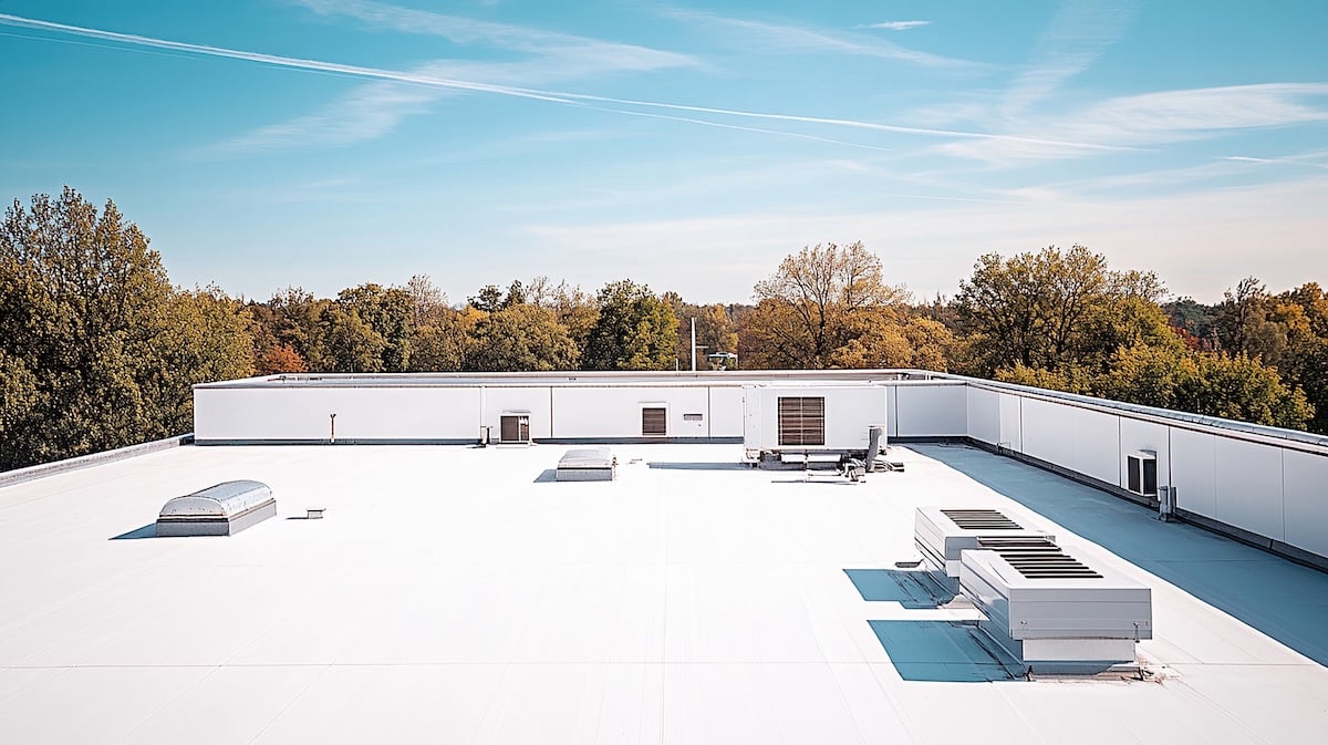 A flat white commercial roofing Paragould AR rooftop with several HVAC units and vents, surrounded by trees with autumn foliage under a clear blue sky streaked with wispy clouds.