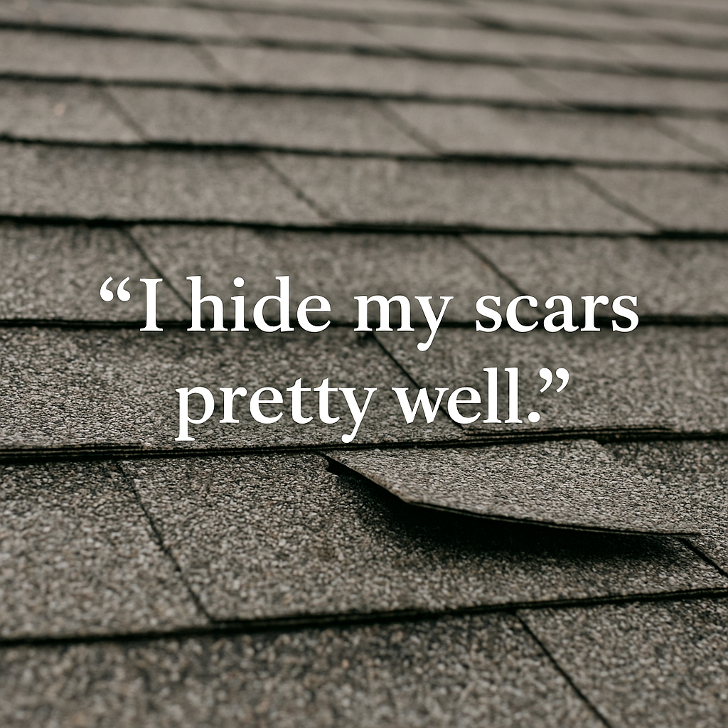 A close-up of gray asphalt roof shingles, with one shingle lifted at the edge. Overlaid text reads: “I hide my scars pretty well.”.