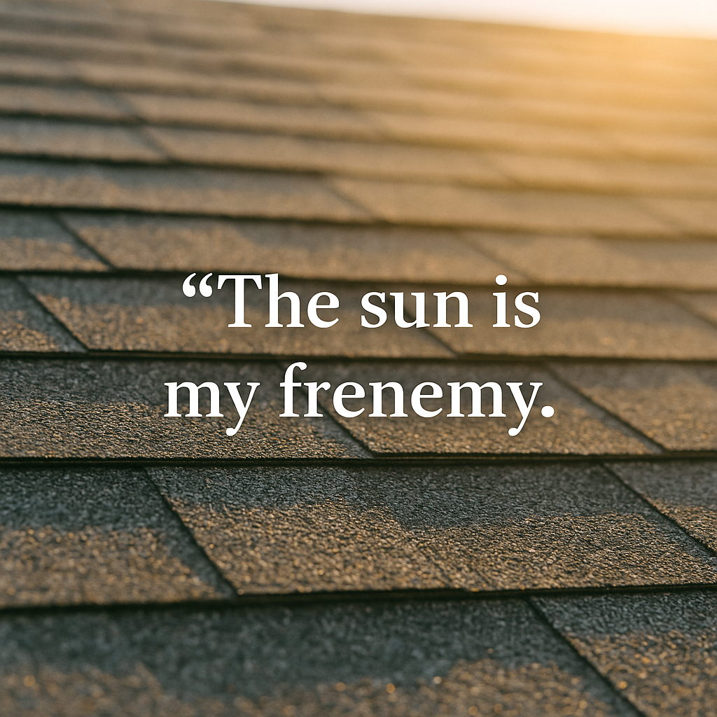 Sunlit roof shingles with the quote “The sun is my frenemy.” written in white text across the center.