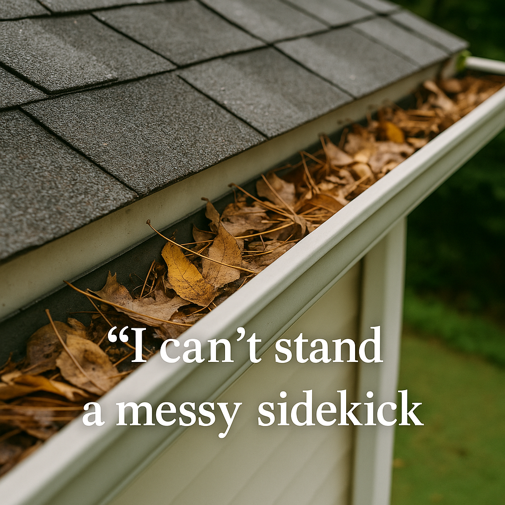 A house gutter filled with dry, fallen leaves runs along a roof. Overlaid text reads, “I can’t stand a messy sidekick.”.
