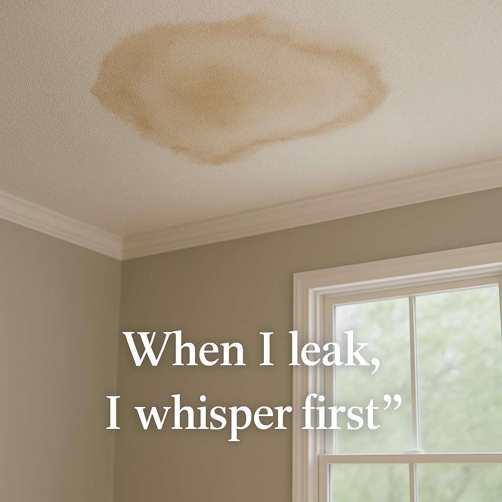 A large brown water stain on a white ceiling above a window with the text: “When I leak, I whisper first.”.