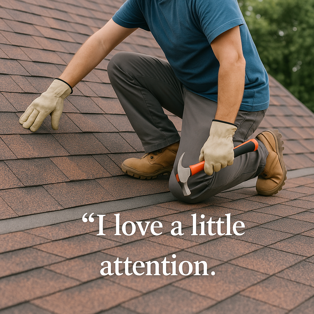 A person wearing gloves and holding a hammer kneels on a shingled roof. The text on the image reads, "I love a little attention." Trees are visible in the background.