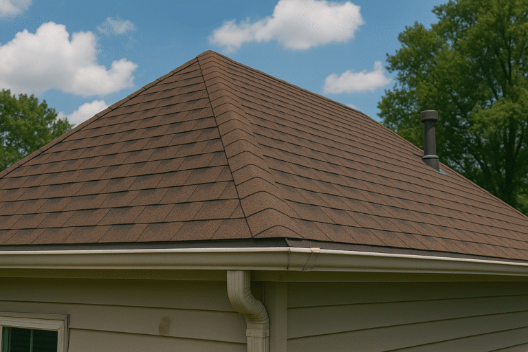 A close-up view of a house’s brown shingle hip roof with a light-colored gutter, set against a blue sky with some clouds and green trees in the background.