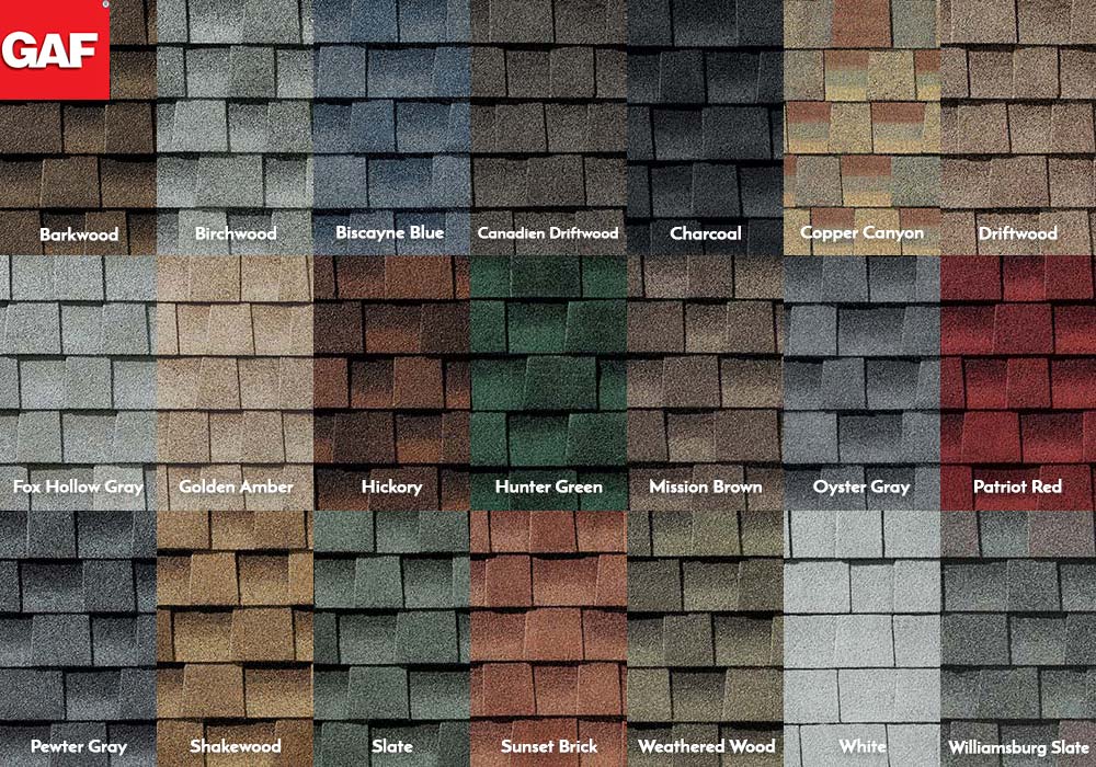 Grid of 18 GAF roofing shingle samples in various colors and textures, from Barkwood to Charcoal to black roof options like Hunter Green, Patriot Red, Pewter Gray, White, and more—each sample clearly labeled for easy comparison.