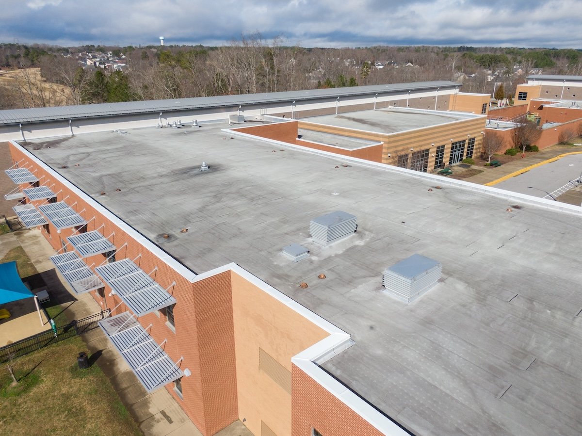 Aerial view of a flat-roofed brick school building with HVAC units on the roof, showcasing commercial roofing Milan TN, surrounded by trees and other buildings under a partly cloudy sky.