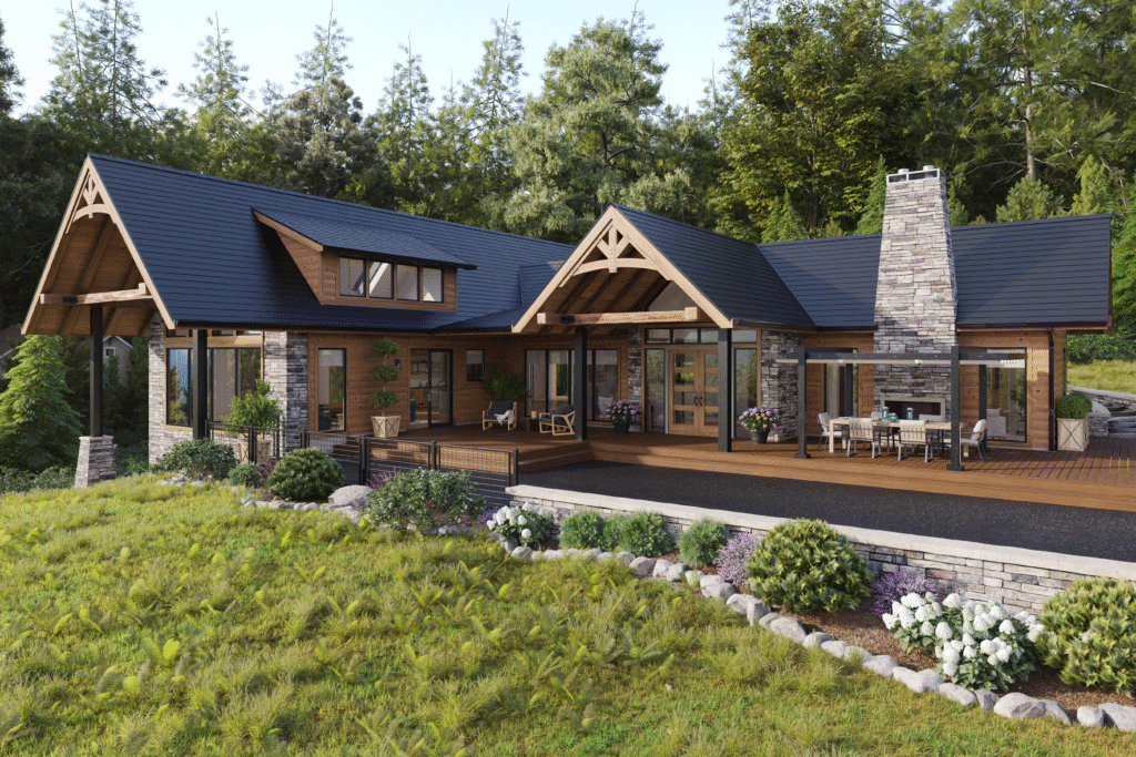 A modern rustic house with a black metal roof,