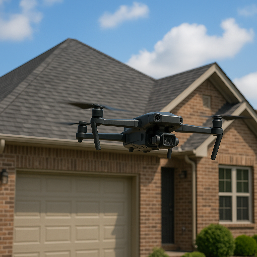 A black drone hovers in front of a modern brick house with a garage and manicured bushes, under a partly cloudy sky.