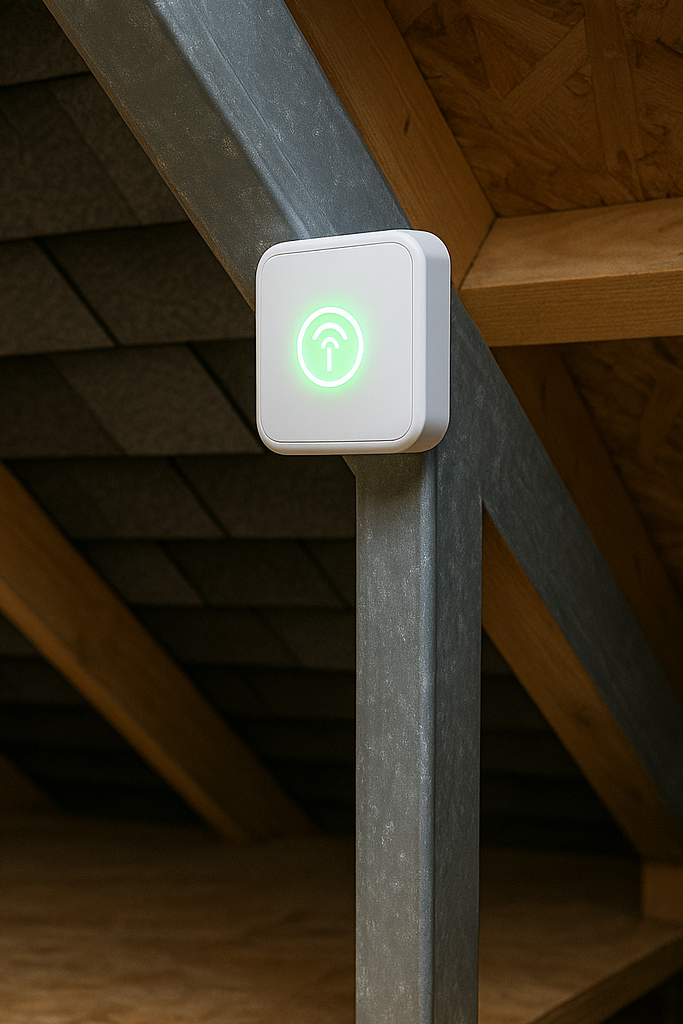 A small electronic sensor with a green light is mounted on a metal beam above a wooden attic floor, where a puddle of liquid has formed nearby. Exposed beams and a sloped roof are visible in the background.