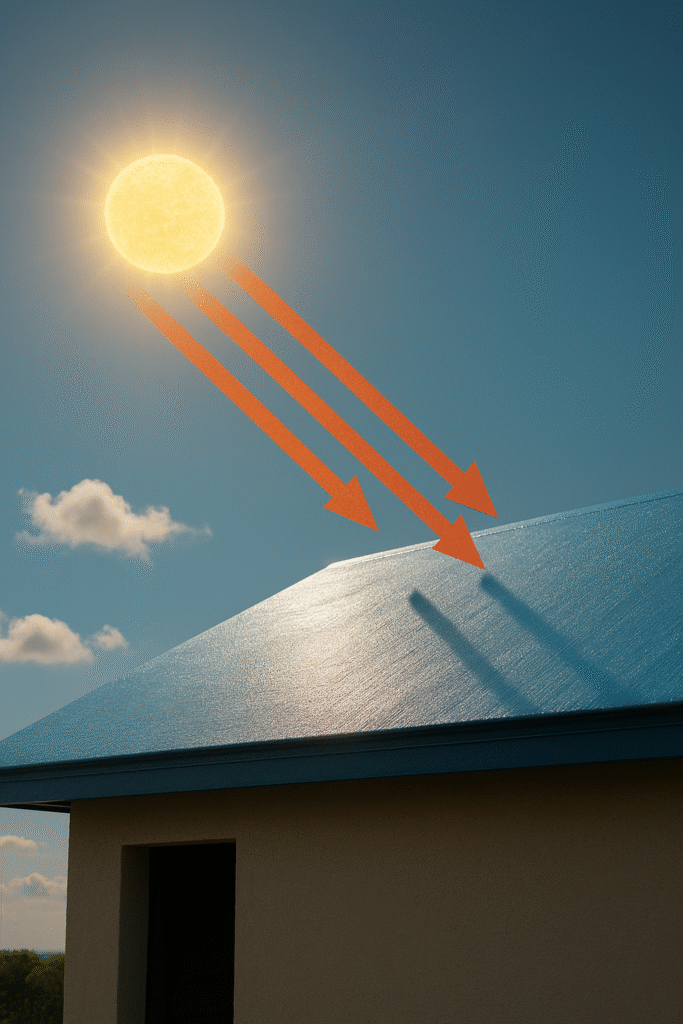 Sunlight shines on a house roof with three orange arrows illustrating rays hitting the surface, representing solar heat or energy absorption. The sky is clear with a few small clouds.