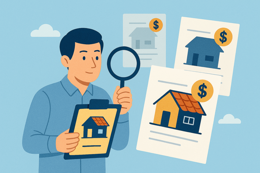 Illustration of a man holding a clipboard with a house image, examining property documents with a magnifying glass. Two papers with house drawings and dollar signs float nearby, suggesting real estate evaluation or comparison.