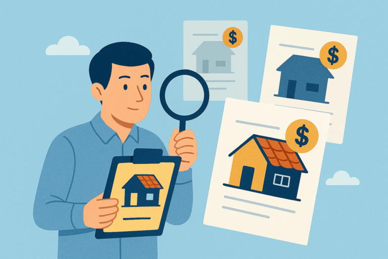 Illustration of a man holding a clipboard with a house image, examining property documents with a magnifying glass. Two papers with house drawings and dollar signs float nearby, suggesting real estate evaluation or comparison.