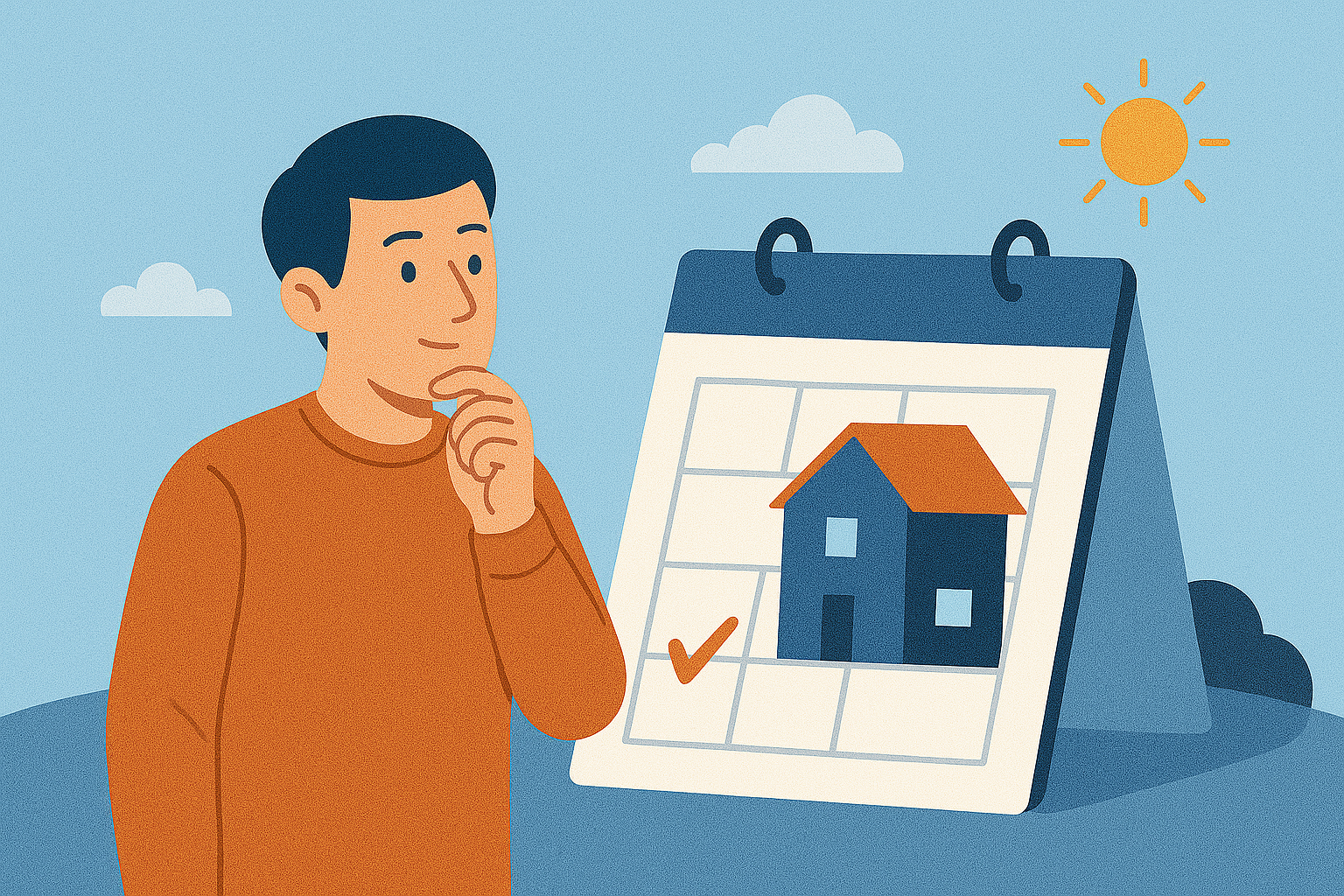 An illustrated man stands thoughtfully beside a large calendar showing a house icon with a checkmark, set outdoors under a sunny sky with clouds.