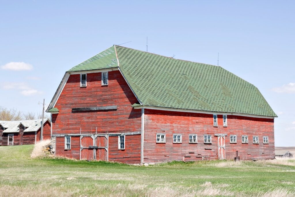 A large, weathered red barn with a green jerkinhead roof stands in a grassy field under a clear blue sky. The barn has many small windows and double doors, with smaller outbuildings partially visible nearby.