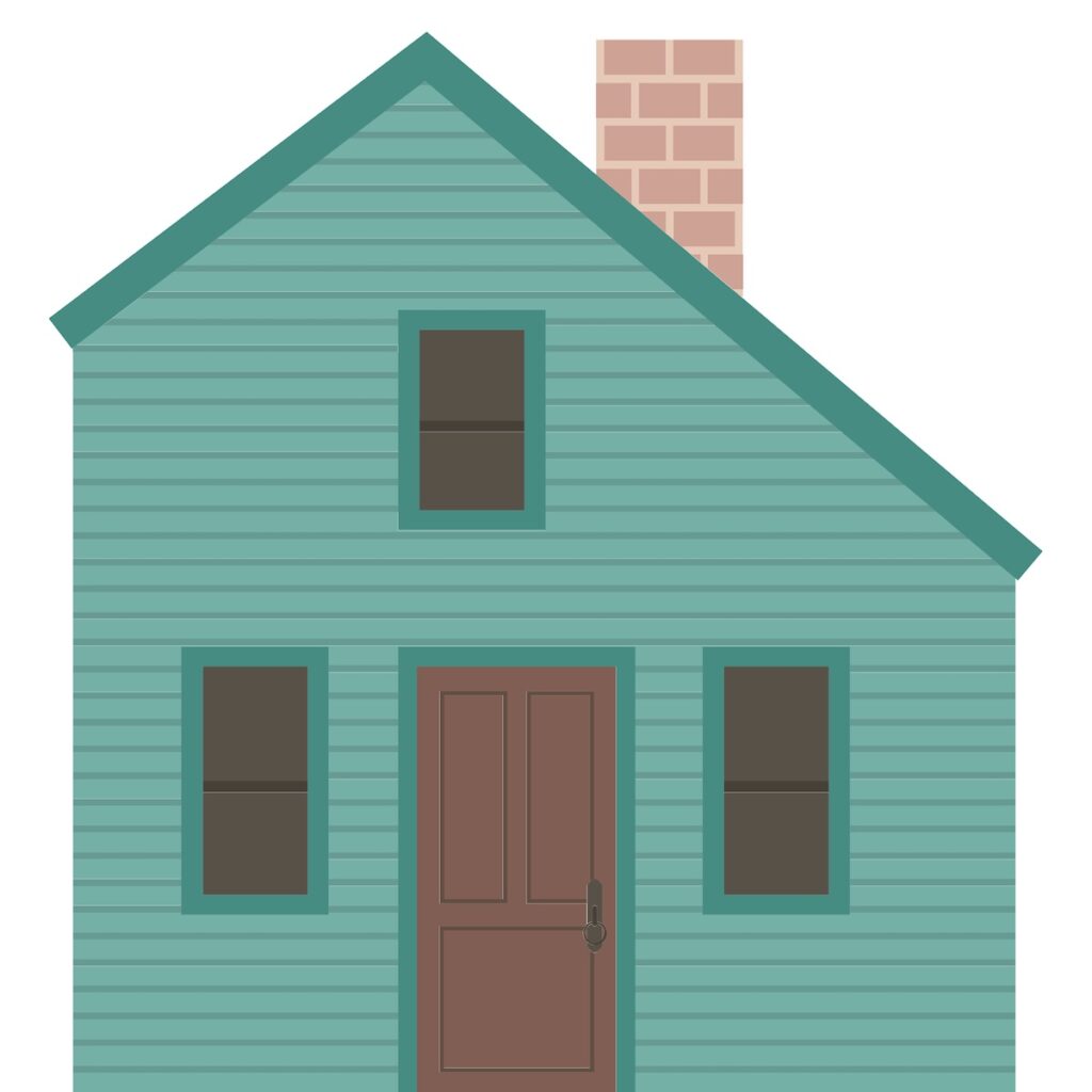Illustration of a simple teal house with a saltbox roof, brown door, three dark windows, and a beige brick chimney on a white background.