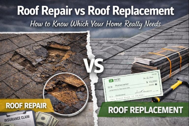 A split image compares roof repair, shown by damaged shingles and insurance forms, with roof replacement, shown by new shingles, a hammer, and a check. Text reads: "Roof Repair vs Roof Replacement: How to Know Which Your Home Really Needs.