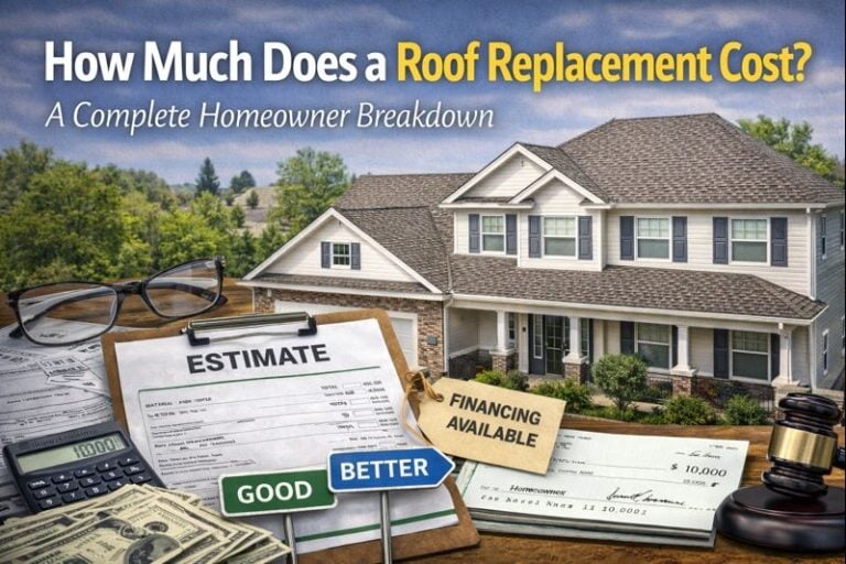 A two-story house with roofing materials, estimate papers, calculator, pen, check, and gavel in the foreground. Text reads "How Much Does a Roof Replacement Cost? A Complete Homeowner Breakdown." Financing is shown as available.