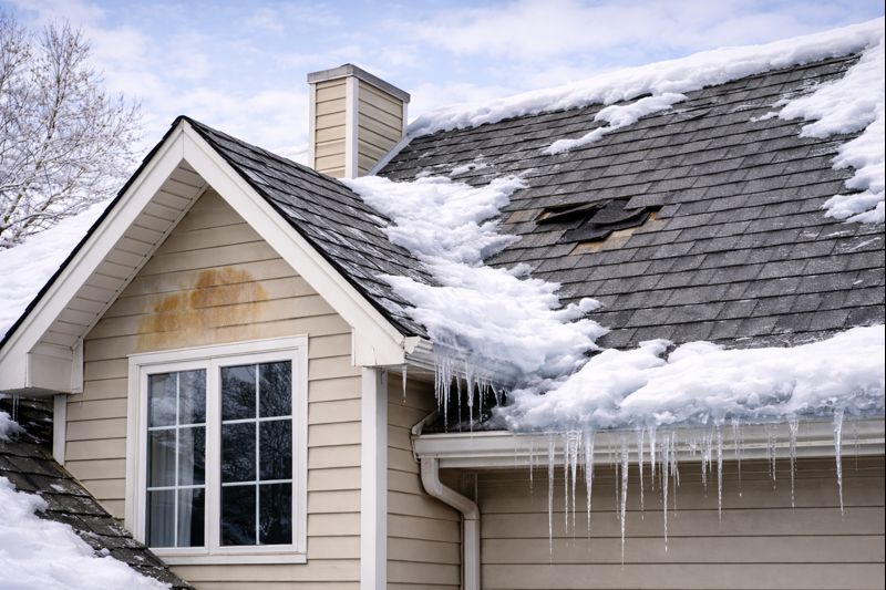 A house with snow and icicles on the roof and a patch of missing shingles, with some discoloration on the siding, under a partly cloudy sky.