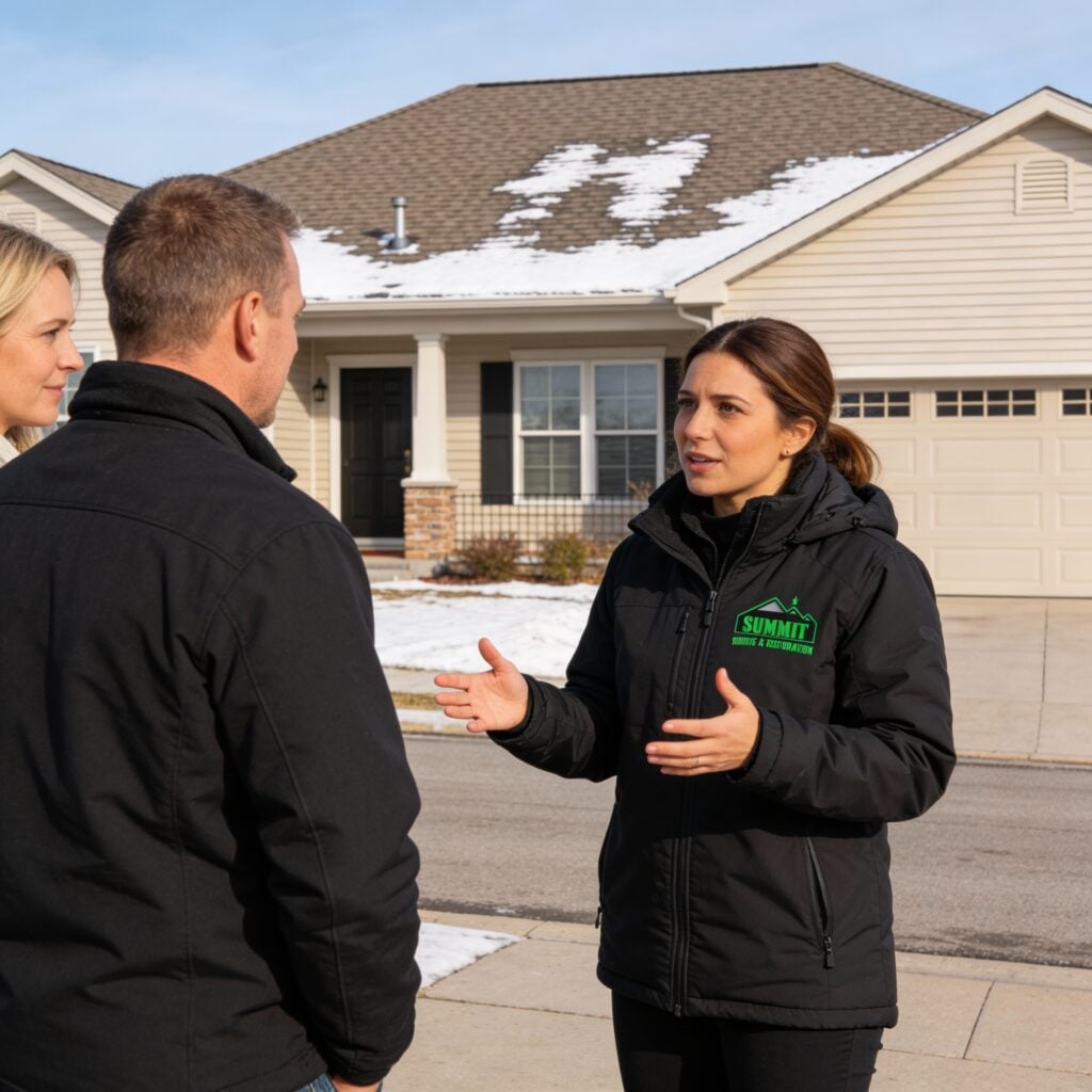A woman in a "Summit Roofing" jacket talks to a man and woman in front of a suburban house with snow patches on the roof and yard, discussing Clarksville roofing needs. The three stand on the driveway in winter clothing, engaged in conversation.